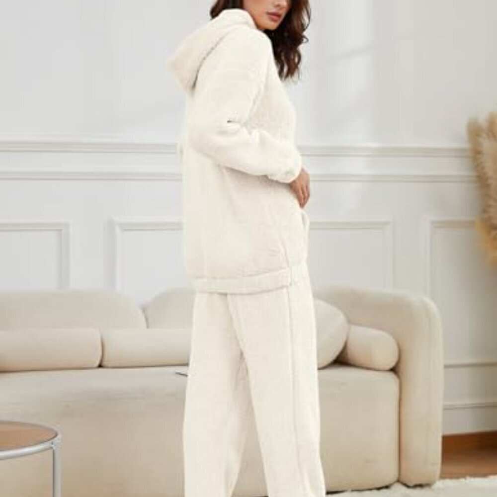 Fleece Pajama Set Cozy Loungewear Hoodie Pants Fuzzy Sleepwear Oversized Chic - Picture 6 of 8